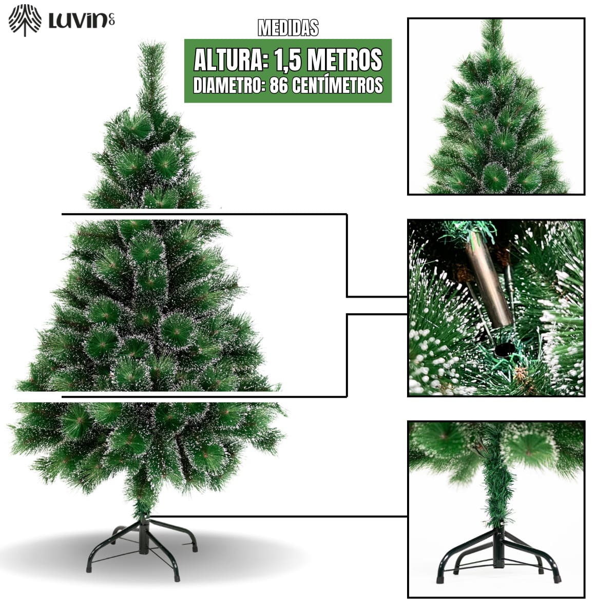 Árvore De Natal Pom Pom Verde Com Pontas Nevada 1,50m 260 Galhos Grande Pinheiro Toque De Neve Cheia Luxo