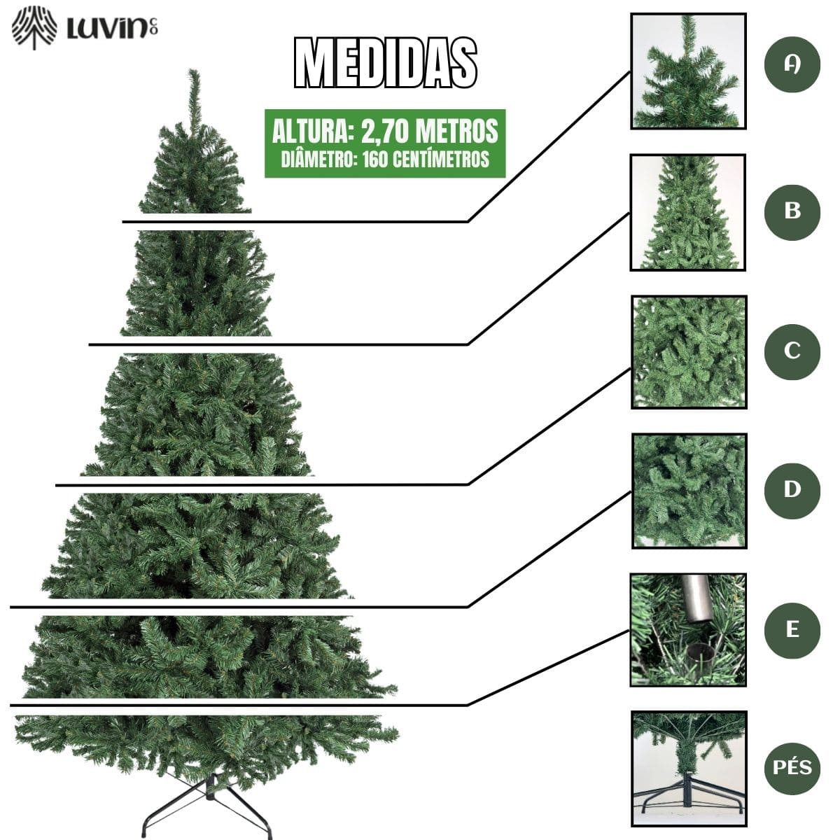 Árvore De Natal Pinheiro Canadense Luxo 2,70m 2000 Galhos Tradicional Verde Imperial Premium Grande Cheia LuvinCo