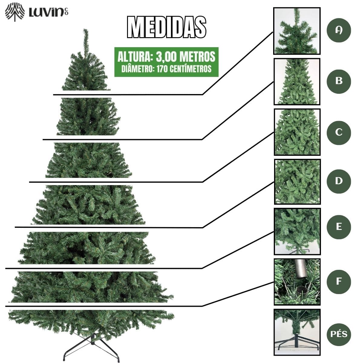 Árvore De Natal Pinheiro Canadense Luxo 3,00m 2500 Galhos Tradicional Verde Imperial Premium Grande Cheia Luvinco