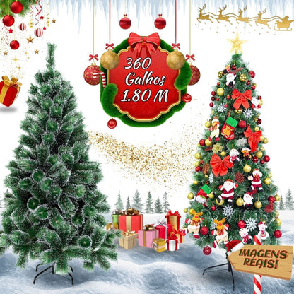 Árvore De Natal Pom Pom Verde Com Pontas Nevada 1,80m 360 Galhos Grande Pinheiro Toque De Neve Cheia Luxo