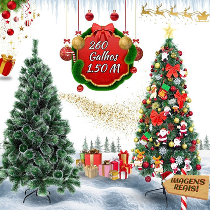 Árvore De Natal Pom Pom Verde Com Pontas Nevada 1,50m 260 Galhos Grande Pinheiro Toque De Neve Cheia Luxo