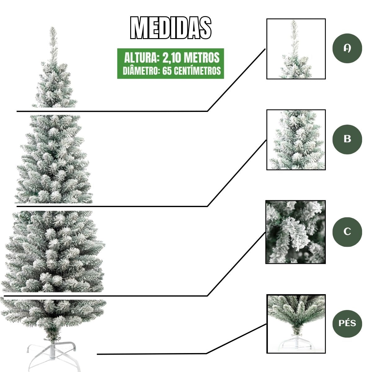 Árvore Natal Slim Nevada 2,10m 700 Galhos Pinheiro Tradicional Fina Luxo Cheia Luvinco